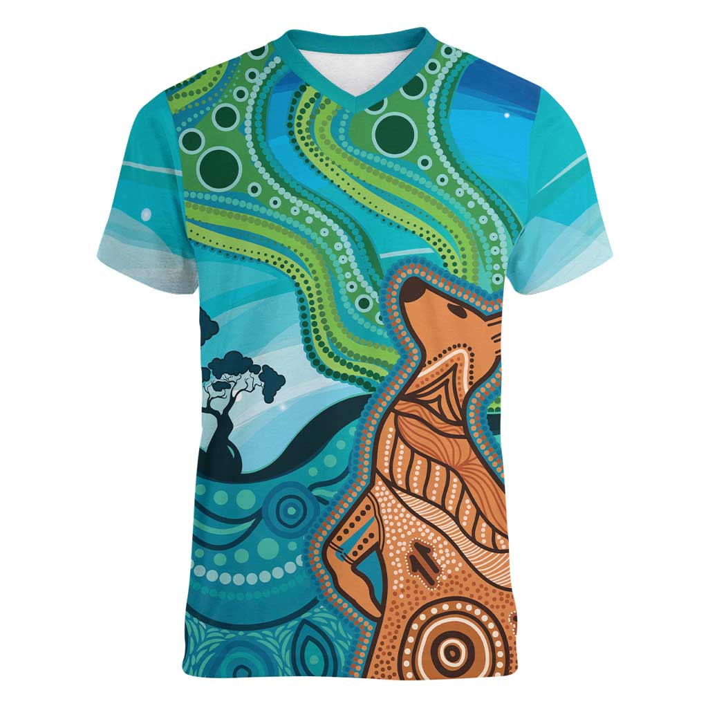 Aussie Aurora Borealis Aboriginal Art Women V-Neck T-Shirt