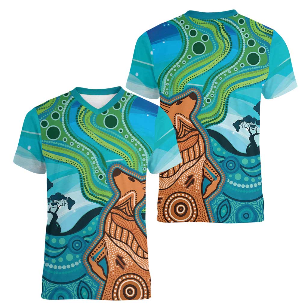 Aussie Aurora Borealis Aboriginal Art Women V-Neck T-Shirt