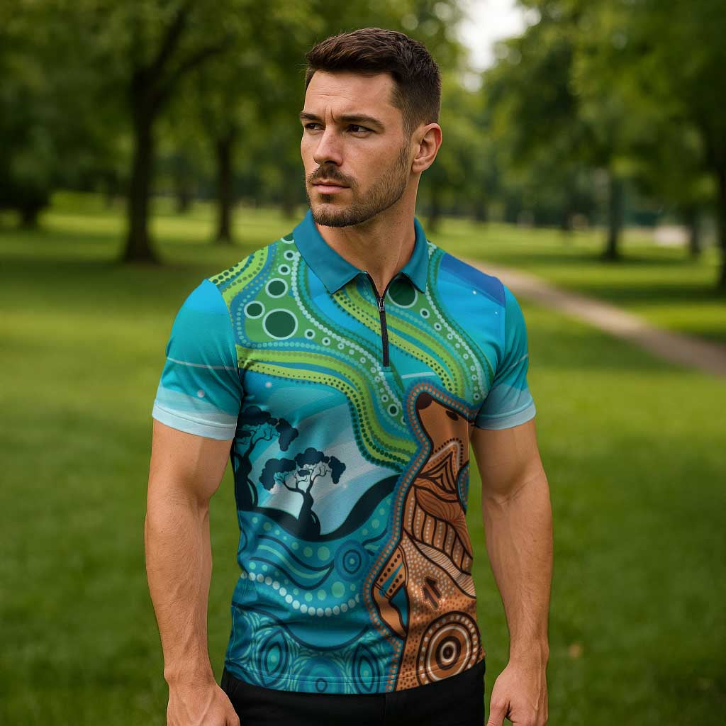 Aussie Aurora Borealis Aboriginal Art Zipper Polo Shirt