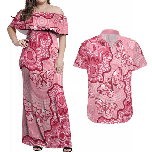 Australia Indigenous Mother's Day Couples Matching Off Shoulder Maxi Dress and Hawaiian Shirt Breast Cancer Survivor