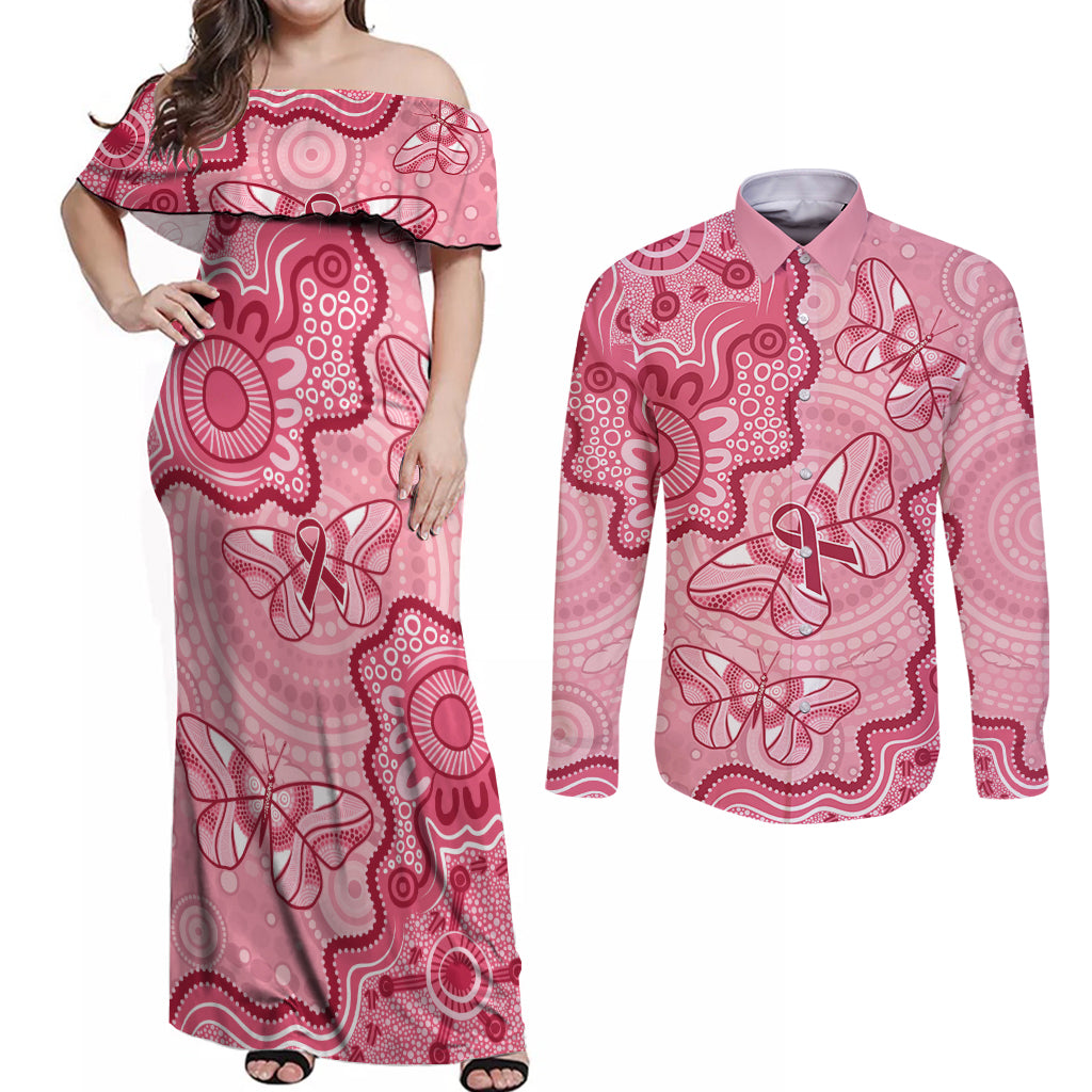Australia Indigenous Mother's Day Couples Matching Off Shoulder Maxi Dress and Long Sleeve Button Shirt Breast Cancer Survivor