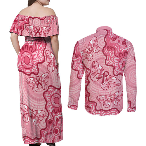 Australia Indigenous Mother's Day Couples Matching Off Shoulder Maxi Dress and Long Sleeve Button Shirt Breast Cancer Survivor