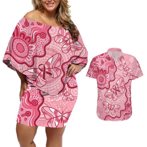 Australia Indigenous Mother's Day Couples Matching Off Shoulder Short Dress and Hawaiian Shirt Breast Cancer Survivor