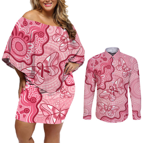 Australia Indigenous Mother's Day Couples Matching Off Shoulder Short Dress and Long Sleeve Button Shirt Breast Cancer Survivor
