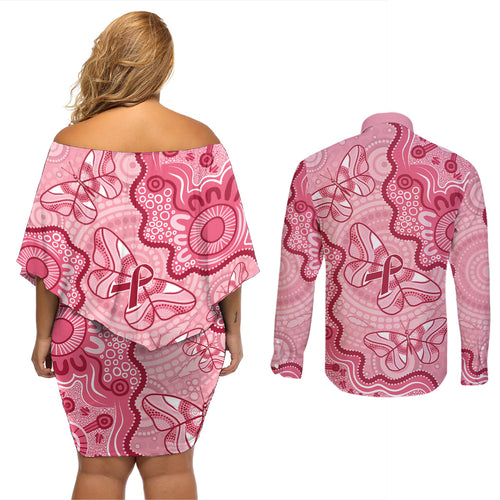 Australia Indigenous Mother's Day Couples Matching Off Shoulder Short Dress and Long Sleeve Button Shirt Breast Cancer Survivor
