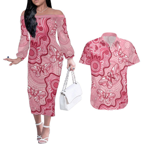 Australia Indigenous Mother's Day Couples Matching Off The Shoulder Long Sleeve Dress and Hawaiian Shirt Breast Cancer Survivor