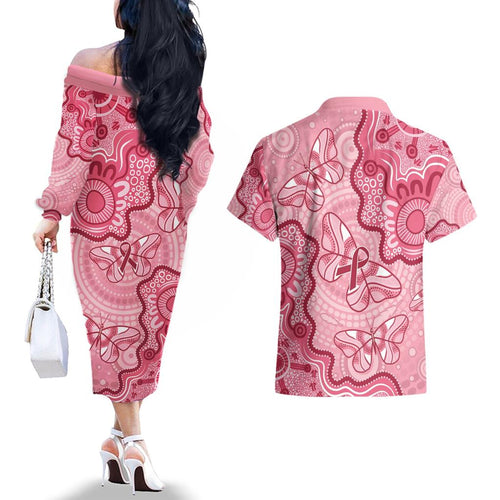 Australia Indigenous Mother's Day Couples Matching Off The Shoulder Long Sleeve Dress and Hawaiian Shirt Breast Cancer Survivor