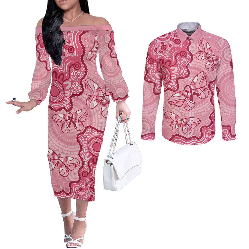 Australia Indigenous Mother's Day Couples Matching Off The Shoulder Long Sleeve Dress and Long Sleeve Button Shirt Breast Cancer Survivor