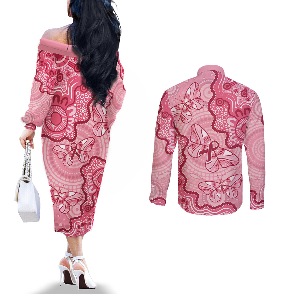 Australia Indigenous Mother's Day Couples Matching Off The Shoulder Long Sleeve Dress and Long Sleeve Button Shirt Breast Cancer Survivor