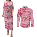 Australia Indigenous Mother's Day Couples Matching Puletasi and Long Sleeve Button Shirt Breast Cancer Survivor