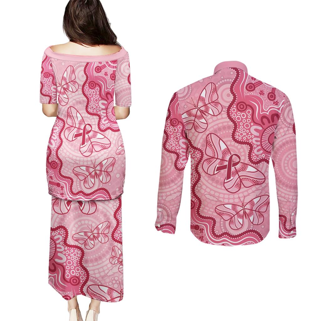 Australia Indigenous Mother's Day Couples Matching Puletasi and Long Sleeve Button Shirt Breast Cancer Survivor