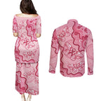 Australia Indigenous Mother's Day Couples Matching Puletasi and Long Sleeve Button Shirt Breast Cancer Survivor