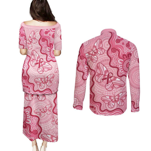 Australia Indigenous Mother's Day Couples Matching Puletasi and Long Sleeve Button Shirt Breast Cancer Survivor