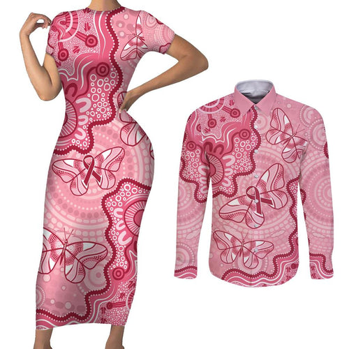 Australia Indigenous Mother's Day Couples Matching Short Sleeve Bodycon Dress and Long Sleeve Button Shirt Breast Cancer Survivor