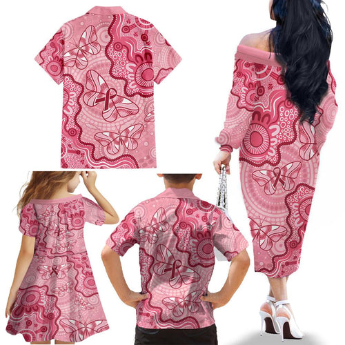 Australia Indigenous Mother's Day Family Matching Off The Shoulder Long Sleeve Dress and Hawaiian Shirt Breast Cancer Survivor