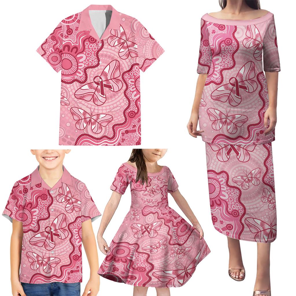 Australia Indigenous Mother's Day Family Matching Puletasi and Hawaiian Shirt Breast Cancer Survivor