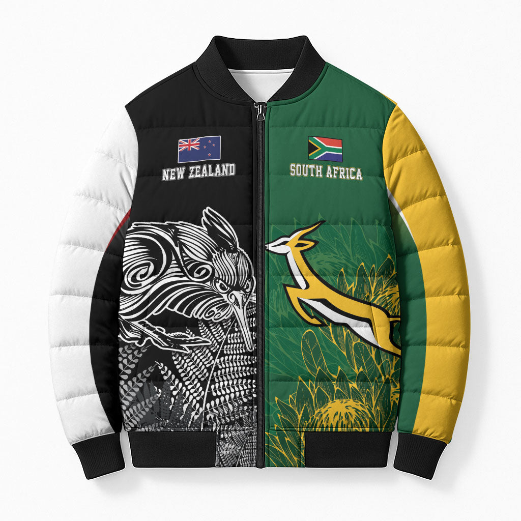 New Zealand - South Africa Greatest Rivals Rugby Custom Bomber Puffer Jacket Kiwi Vs Bokke