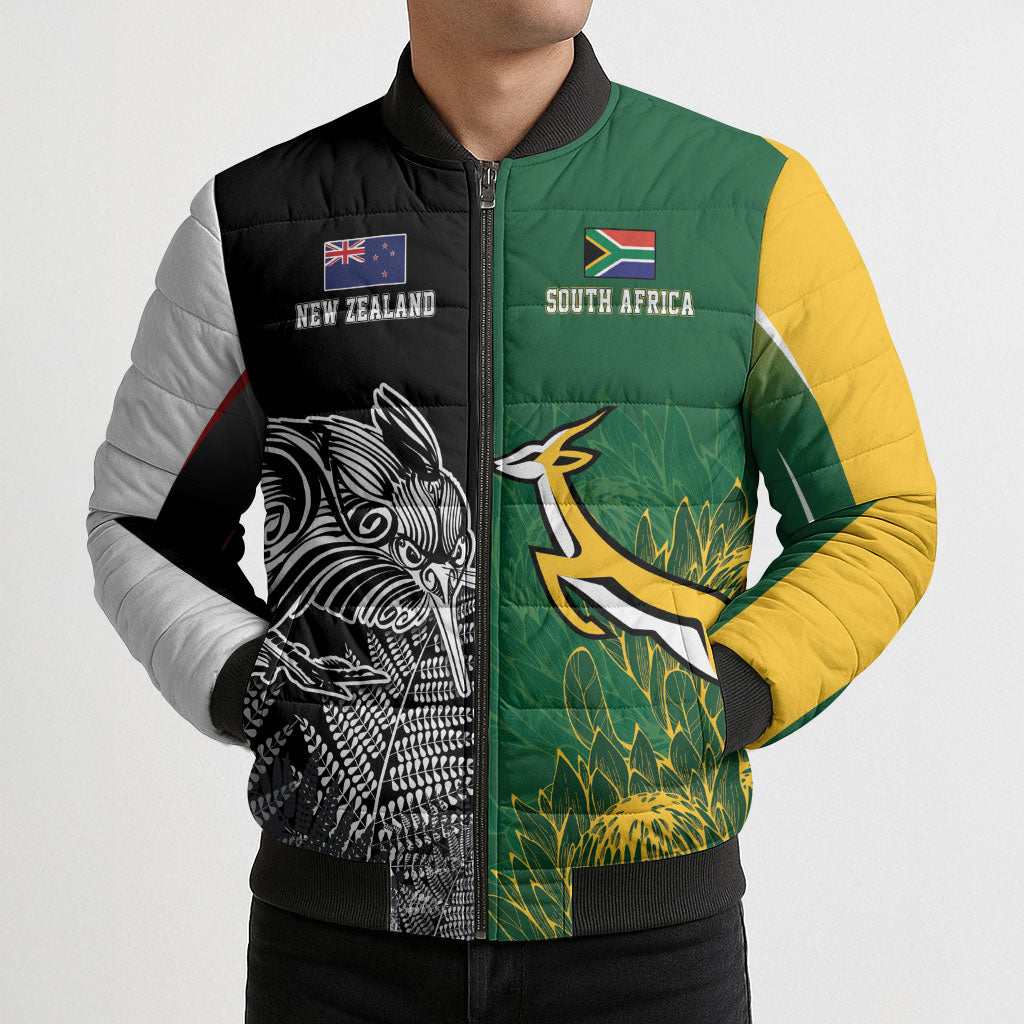 New Zealand - South Africa Greatest Rivals Rugby Custom Bomber Puffer Jacket Kiwi Vs Bokke