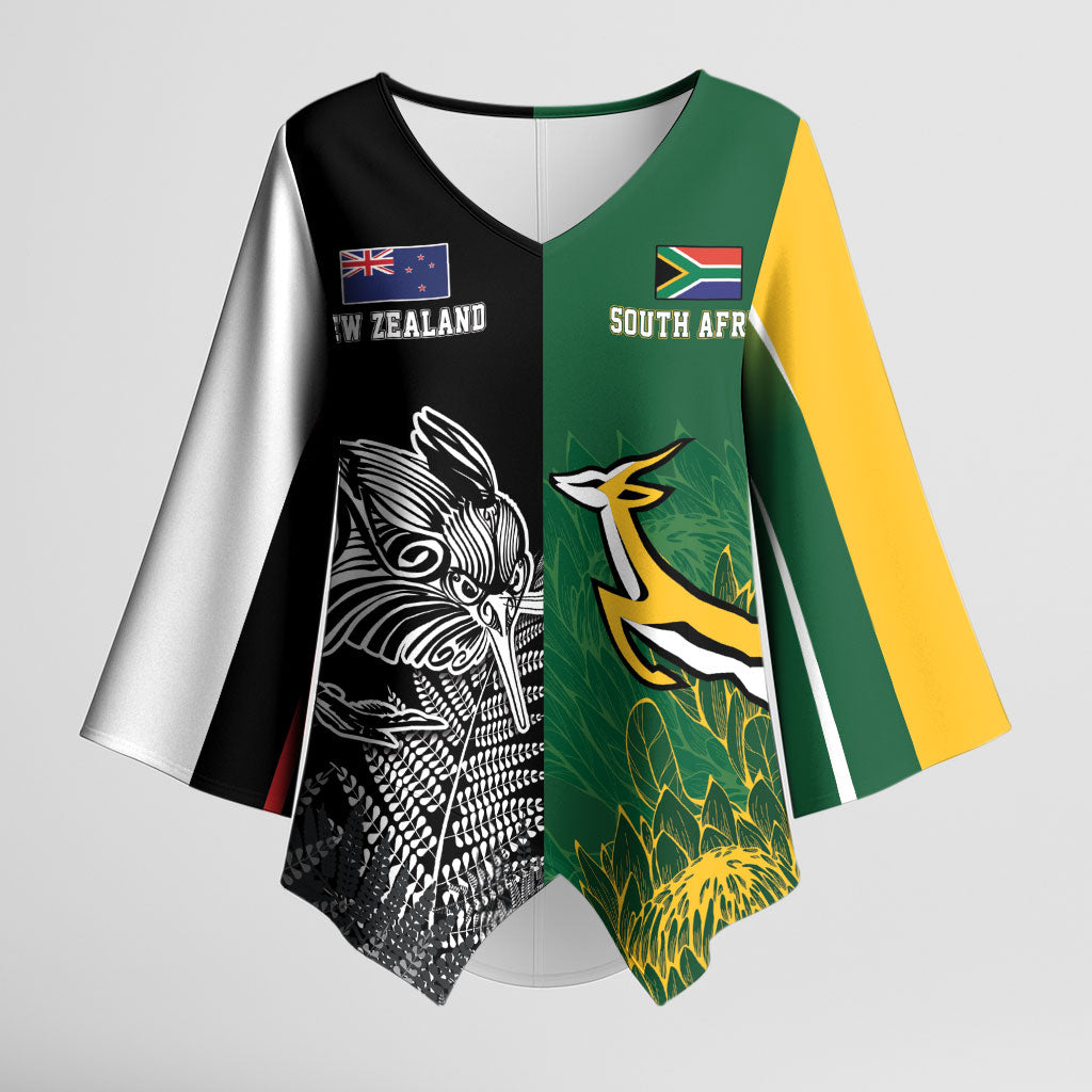 New Zealand - South Africa Greatest Rivals Rugby Custom Kimono Sleeve Blouse Kiwi Vs Bokke