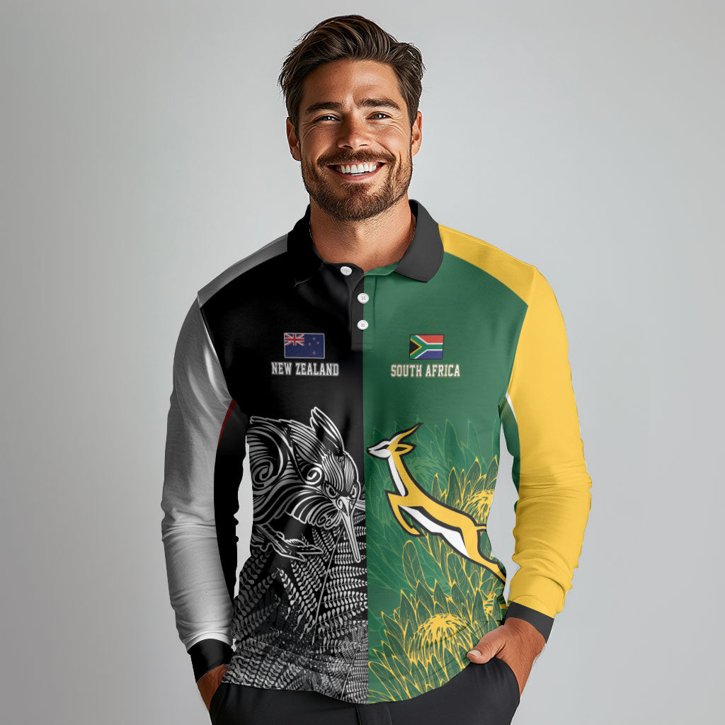 New Zealand - South Africa Greatest Rivals Rugby Custom Long Sleeve Polo Shirt Kiwi Vs Bokke