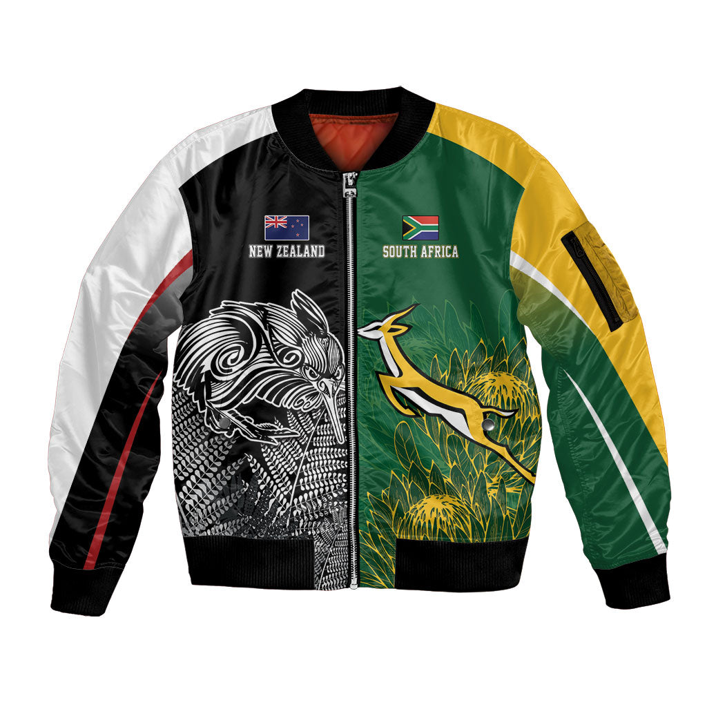 New Zealand - South Africa Greatest Rivals Rugby Custom Sleeve Zip Bomber Jacket Kiwi Vs Bokke