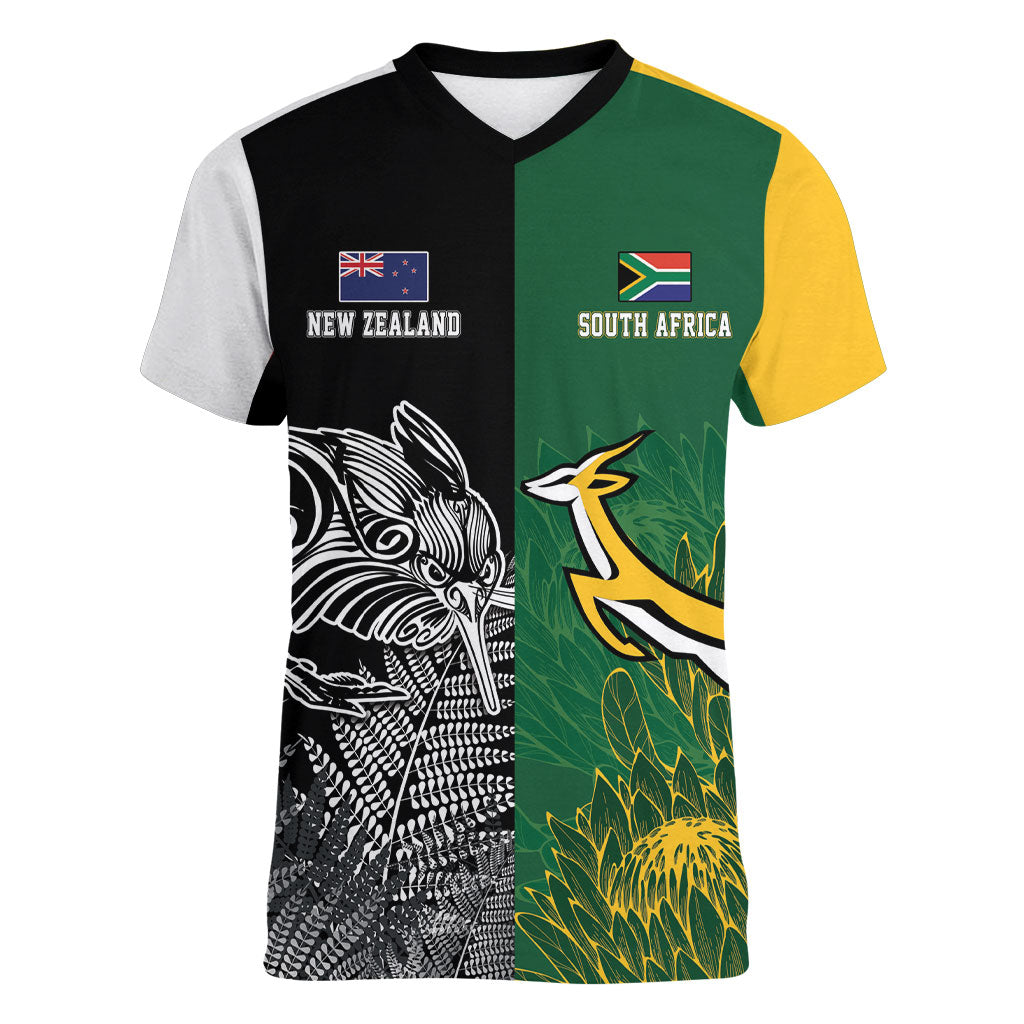 New Zealand - South Africa Greatest Rivals Rugby Custom Women V-Neck T-Shirt Kiwi Vs Bokke