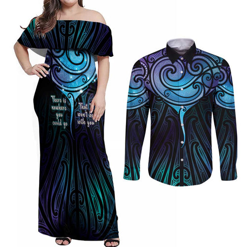 Aotearoa Maori Te Whai Rahi Couples Matching Off Shoulder Maxi Dress and Long Sleeve Button Shirt Tala - Nowhere You Could Go That I Won't Be With You - Aussie Hoodie