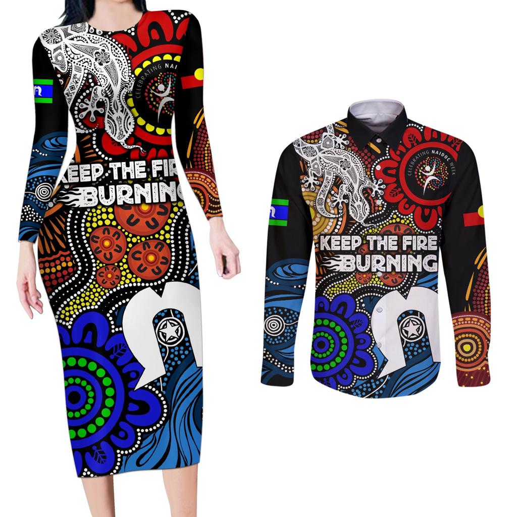 NAIDOC Week 2024 Indigenous Couples Matching Long Sleeve Bodycon Dress and Long Sleeve Button Shirt Keep The Fire Burning