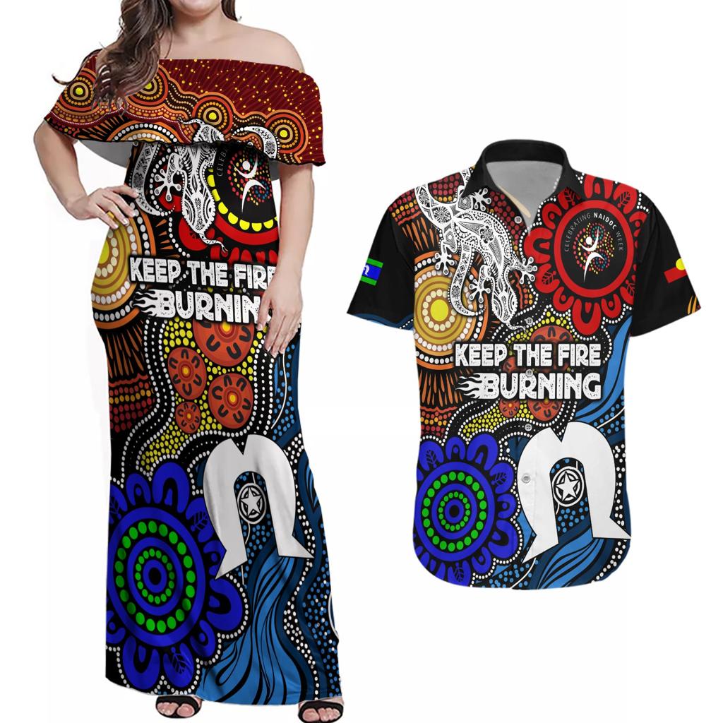 NAIDOC Week 2024 Indigenous Couples Matching Off Shoulder Maxi Dress and Hawaiian Shirt Keep The Fire Burning