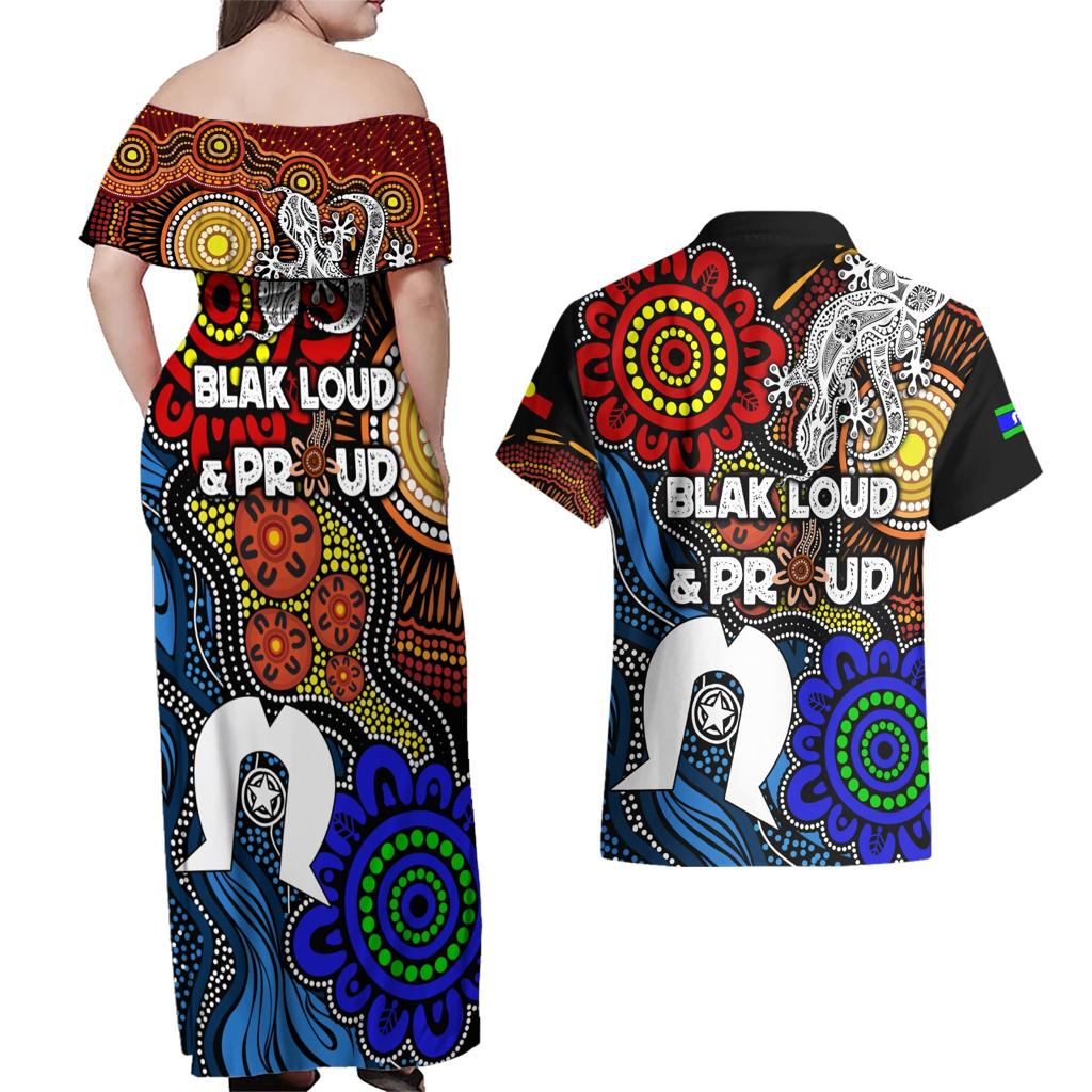 NAIDOC Week 2024 Indigenous Couples Matching Off Shoulder Maxi Dress and Hawaiian Shirt Keep The Fire Burning