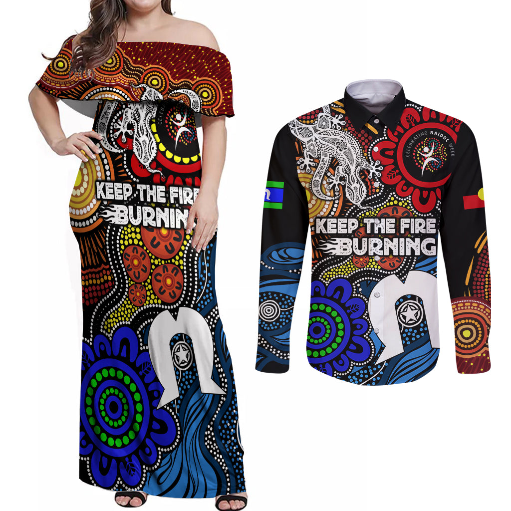 NAIDOC Week 2024 Indigenous Couples Matching Off Shoulder Maxi Dress and Long Sleeve Button Shirt Keep The Fire Burning