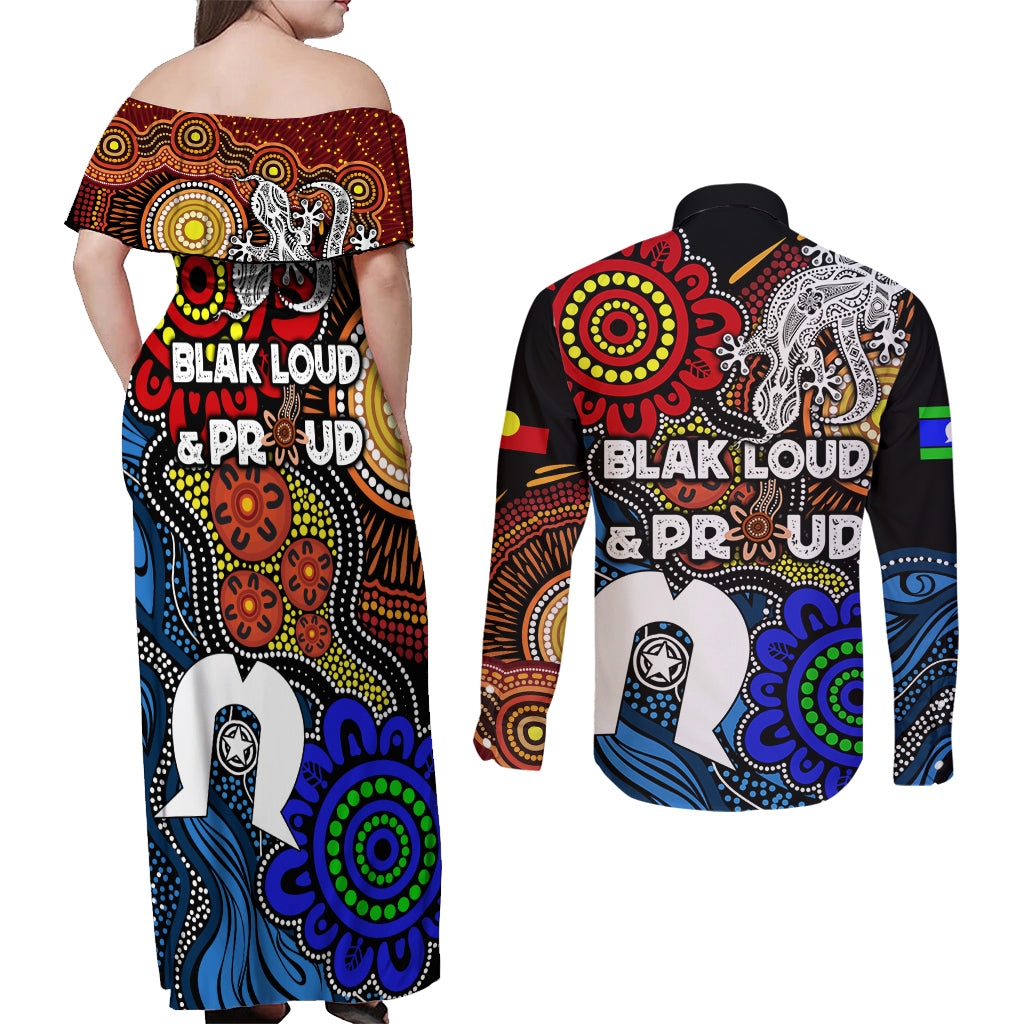NAIDOC Week 2024 Indigenous Couples Matching Off Shoulder Maxi Dress and Long Sleeve Button Shirt Keep The Fire Burning