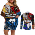 NAIDOC Week 2024 Indigenous Couples Matching Off Shoulder Short Dress and Long Sleeve Button Shirt Keep The Fire Burning