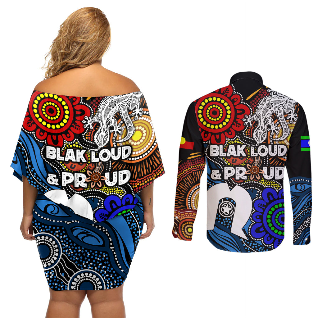 NAIDOC Week 2024 Indigenous Couples Matching Off Shoulder Short Dress and Long Sleeve Button Shirt Keep The Fire Burning