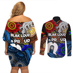 NAIDOC Week 2024 Indigenous Couples Matching Off Shoulder Short Dress and Long Sleeve Button Shirt Keep The Fire Burning