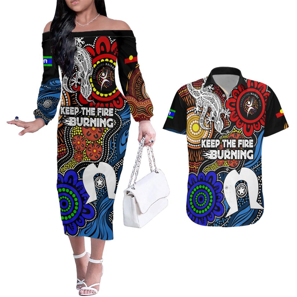 NAIDOC Week 2024 Indigenous Couples Matching Off The Shoulder Long Sleeve Dress and Hawaiian Shirt Keep The Fire Burning