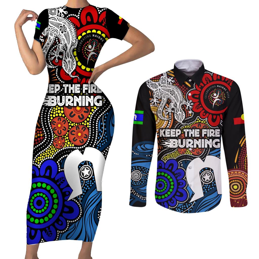 NAIDOC Week 2024 Indigenous Couples Matching Short Sleeve Bodycon Dress and Long Sleeve Button Shirt Keep The Fire Burning