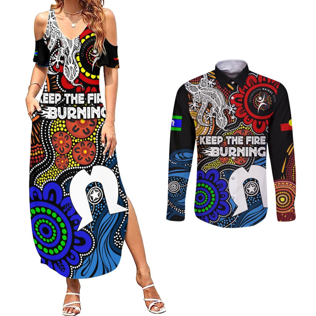 NAIDOC Week 2024 Indigenous Couples Matching Summer Maxi Dress and Long Sleeve Button Shirt Keep The Fire Burning