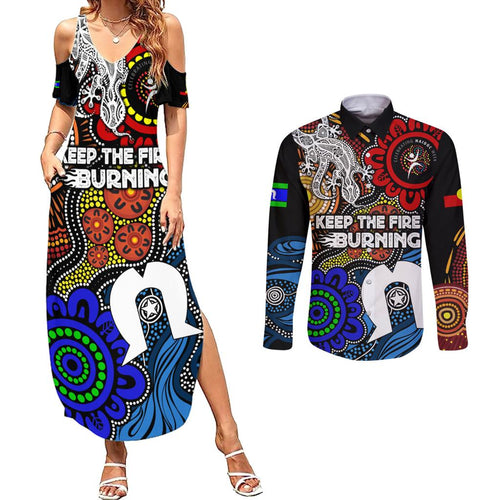 NAIDOC Week 2024 Indigenous Couples Matching Summer Maxi Dress and Long Sleeve Button Shirt Keep The Fire Burning