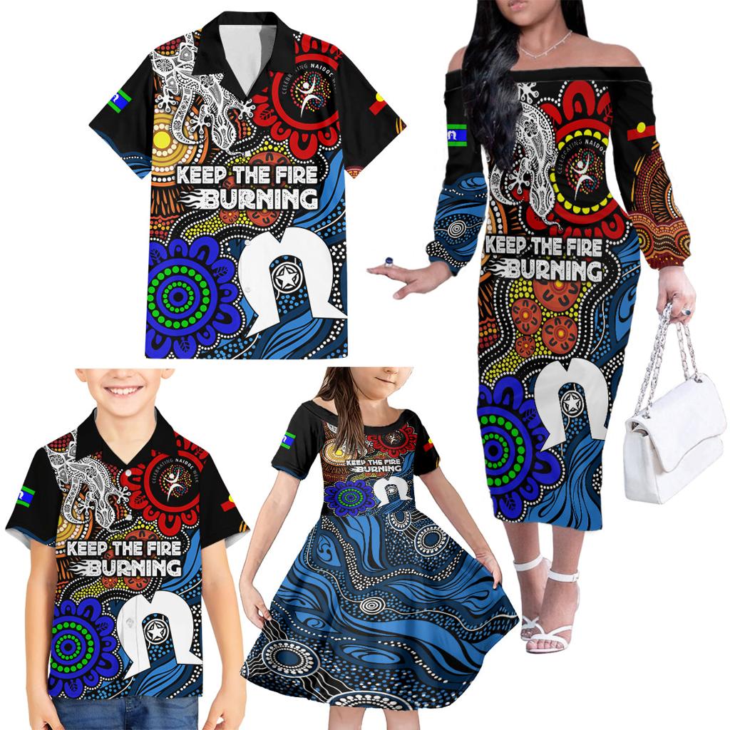 NAIDOC Week 2024 Indigenous Family Matching Off Shoulder Long Sleeve Dress and Hawaiian Shirt Keep The Fire Burning