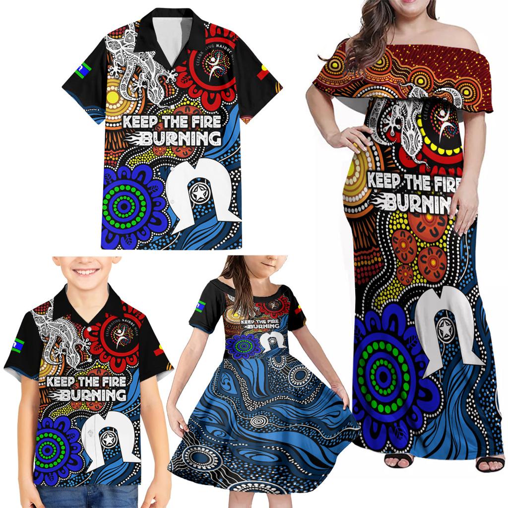 NAIDOC Week 2024 Indigenous Family Matching Off Shoulder Maxi Dress and Hawaiian Shirt Keep The Fire Burning