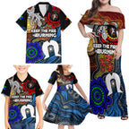 NAIDOC Week 2024 Indigenous Family Matching Off Shoulder Maxi Dress and Hawaiian Shirt Keep The Fire Burning