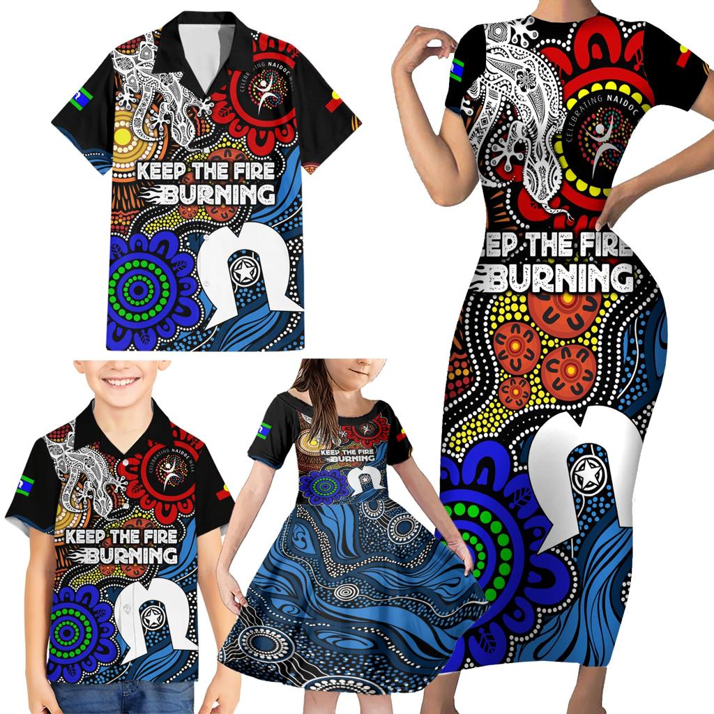 NAIDOC Week 2024 Indigenous Family Matching Short Sleeve Bodycon Dress and Hawaiian Shirt Keep The Fire Burning