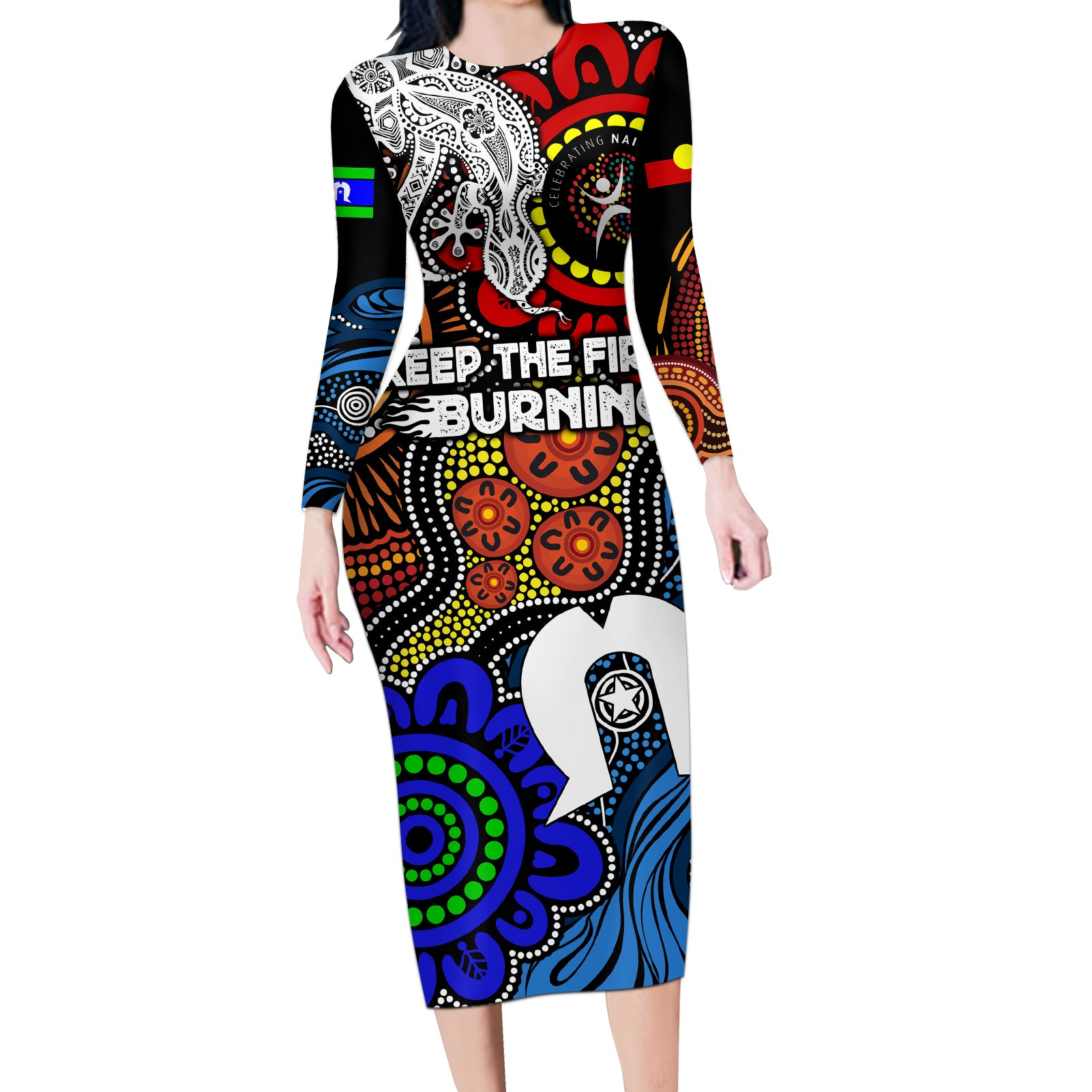 NAIDOC Week 2024 Indigenous Long Sleeve Bodycon Dress Keep The Fire Burning