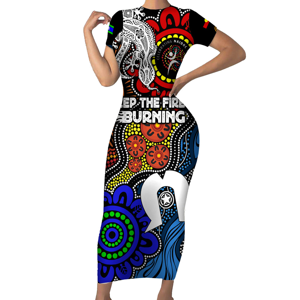 NAIDOC Week 2024 Indigenous Short Sleeve Bodycon Dress Keep The Fire Burning