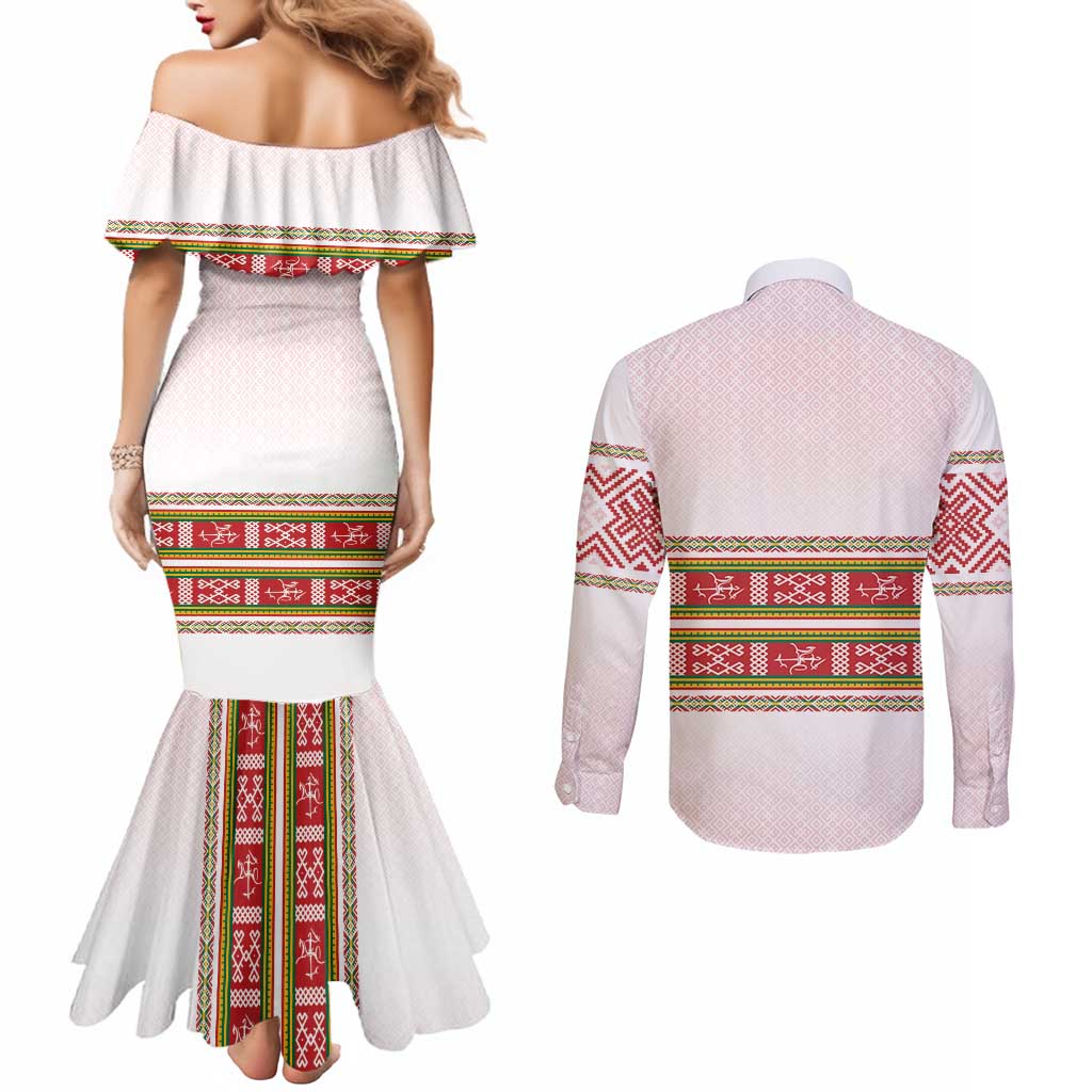Lithuania Folk Pattern Vytis Motif Couples Matching Mermaid Dress and Long Sleeve Button Shirt