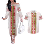 Lithuania Folk Pattern Vytis Motif Couples Matching Off The Shoulder Long Sleeve Dress and Hawaiian Shirt