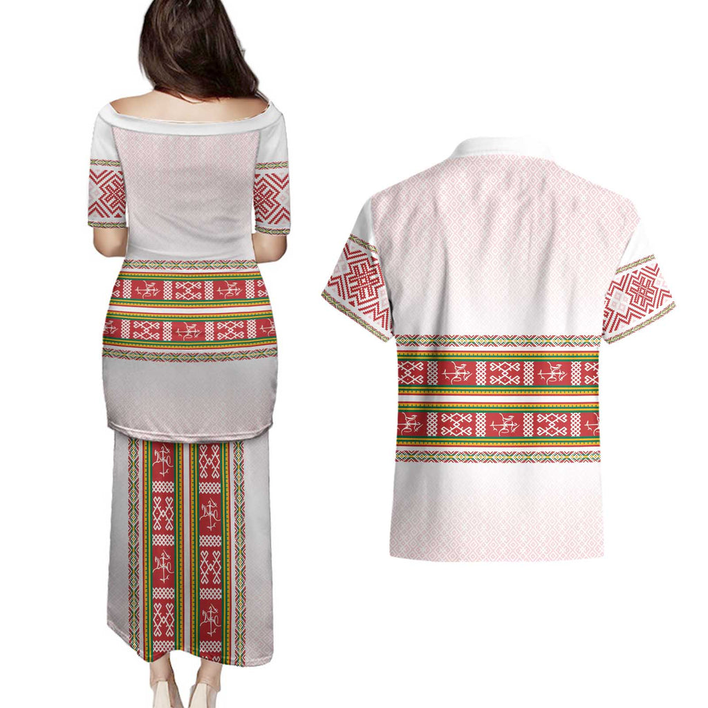 Lithuania Folk Pattern Vytis Motif Couples Matching Puletasi and Hawaiian Shirt