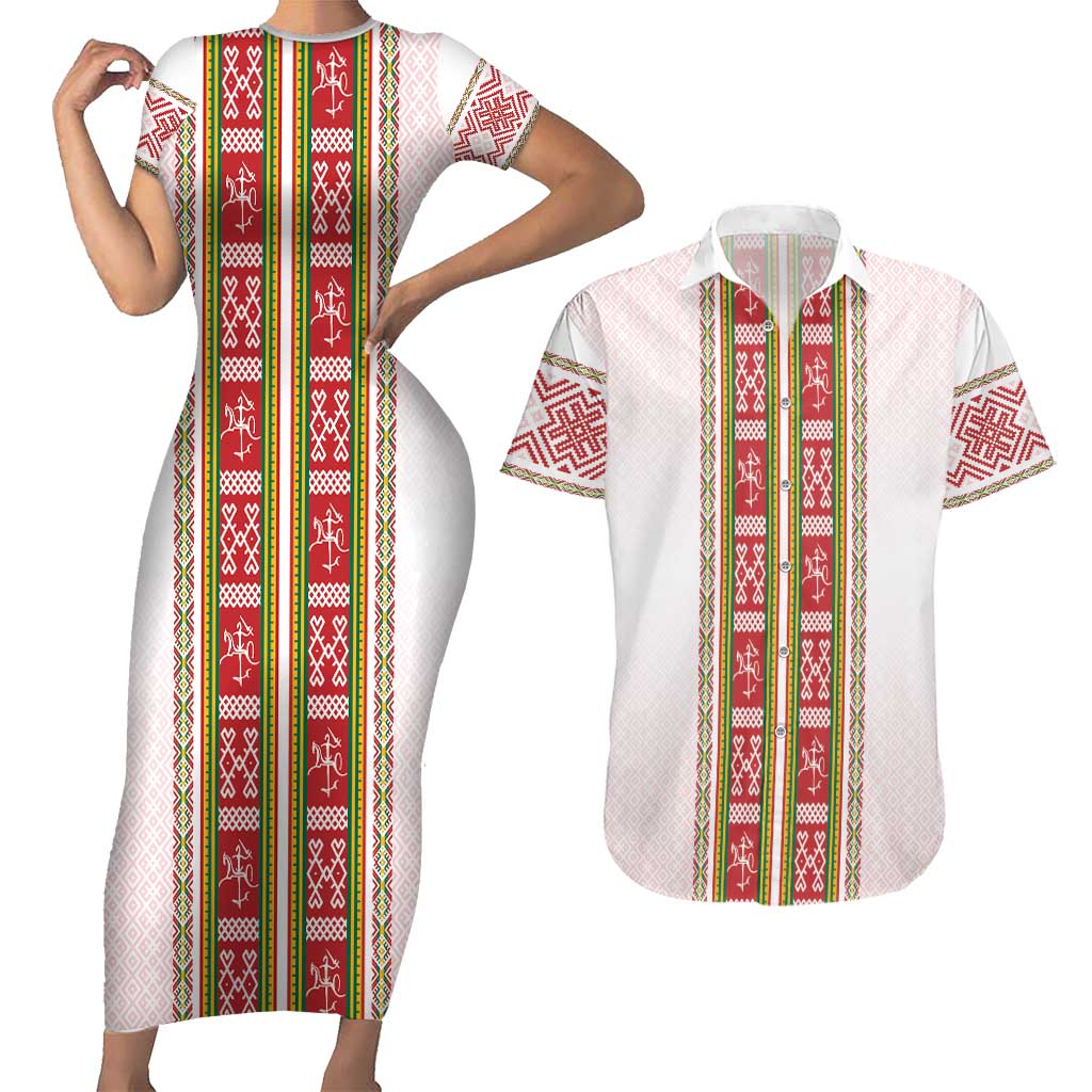 Lithuania Folk Pattern Vytis Motif Couples Matching Short Sleeve Bodycon Dress and Hawaiian Shirt