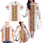 Lithuania Folk Pattern Vytis Motif Family Matching Off The Shoulder Long Sleeve Dress and Hawaiian Shirt